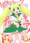  1girl anniversary blonde_hair brooch commentary_request copyright_name dengeki_gx dress earrings green_dress green_eyes hair_ornament hair_ribbon happinesscharge_precure! heart heart_brooch heart_hands highres jewelry long_hair looking_at_viewer magical_girl open_mouth partial_commentary precure ribbon short_dress short_sleeves smile solo standing translated twintails two-tone_dress underbust unknown_blonde-haired_cure_(happinesscharge_precure!) very_long_hair white_dress white_ribbon 