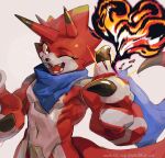  absurdres artist_name betelgammamon blue_scarf claws dated digimon digimon_(creature) fire glacier_up_sun heart highres horns looking_at_viewer no_humans one_eye_closed scarf solo teeth upper_body watermark yellow_eyes 