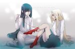  2girls aged_down alucard_(hellsing) barefoot black_eyeliner black_hair blonde_hair blood_on_feet breasts english_text eyeliner girlycard hellsing integra_hellsing long_bangs long_hair makeup medium_skirt multiple_girls neckerchief pleated_skirt red_eyes sitting skirt small_breasts smile string toshimichi_yukari very_long_hair white_neckerchief 