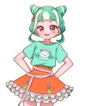 1girl :d animal_print arms_behind_back blunt_bangs character_print chii_(chi_pppuri) chimumu chimumu_(hamster) cowboy_shot double_bun frilled_skirt frills green_hair green_shirt hair_bun hair_ornament looking_at_viewer multicolored_hair open_mouth orange_skirt pink_eyes pretty_series print_shirt shirt short_hair short_sleeves sidelocks simple_background skirt smile solo spring_green_hair spring_green_t-shirt standing star_(symbol) star_hair_ornament streaked_hair t-shirt waccha_primagi! white_background white_hair