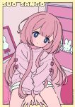  1girl :o between_legs blue_eyes blush_stickers character_name chest_of_drawers commentary_request dated hand_between_legs head_tilt highres long_hair long_sleeves looking_at_viewer neki_(wakiko) nijisanji parted_lips pink_hair pink_sweater puffy_long_sleeves puffy_sleeves shorts solo stuffed_animal stuffed_rabbit stuffed_toy suo_sango sweater twitter_username very_long_hair virtual_youtuber white_shorts 