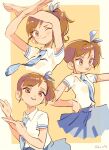  1girl arms_up artist_name blue_necktie blue_ribbon blue_skirt border brown_eyes brown_hair closed_mouth collared_shirt commentary_request cropped_legs cropped_torso futami_mami hair_ribbon hand_on_own_hip hands_up highres idolmaster idolmaster_(classic) imay3927 looking_ahead looking_at_viewer multiple_views necktie open_mouth outstretched_arm pleated_skirt ribbon shirt short_hair short_sleeves side_ponytail simple_background skirt smile v-shaped_eyebrows white_border white_shirt x_arms yellow_background 