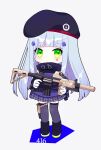  1girl assault_rifle belt black_belt black_footwear black_headwear blunt_bangs boots chibi dot_mouth girls_frontline gloves green_eyes gun h&amp;k_hk416 highres hk416_(girls&#039;_frontline) holding holding_weapon jacket long_hair looking_at_viewer military_jacket pleated_skirt purple_jacket purple_skirt purple_thighhighs rifle shichi_(ponpeex) sidelocks simple_background skirt slit_pupils standing teardrop_facial_mark thigh-highs weapon white_background white_gloves white_hair 