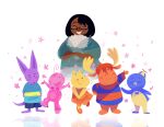  3boys 3girls absurdres ant_girl auri_(xoauri) black_hair blue_skin colored_skin dark_skin glasses highres kangaroo_boy moose_boy multiple_boys multiple_girls orange_skin pablo_(backyardigans) penguin_boy pink_skin purple_skin tasha_(backyardigans) the_backyardigans yellow_skin 