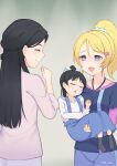  3girls aged_down ayase_eli baby_carry black_hair blonde_hair blue_shirt blush carrying closed_eyes commentary_request hazuki_hana hazuki_ren in-franchise_crossover layered_sleeves long_sleeves love_live! love_live!_superstar!! multiple_girls open_mouth overalls ponytail shirt short_over_long_sleeves short_sleeves sleeping the-prinprince 