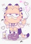  1boy ankle_socks artist_name beer_can bell blush bow bowtie can cigarette clothing_cutout commentary crossdressing drink_can drinking_straw frilled_socks frills furry furry_male garfield garfield_(character) half-closed_eyes hand_on_own_face heart heart-shaped_pupils highres holding holding_cigarette jirai_kei long_sleeves milkuriem my_melody neck_bell platform_footwear platform_heels sanrio shoulder_cutout smoke smoking socks solo sparkle squatting strong_zero symbol-only_commentary symbol-shaped_pupils 