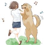  1girl bare_legs brown_hair chanosuke dancing denim denim_shorts golden_retriever grass holding_hands idolmaster idolmaster_cinderella_girls mizuki_seira musical_note shirt short_hair shorts solo standing standing_on_one_leg white_shirt 