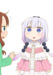  beads blunt_bangs blush brown_hair dated dress gradient_hair green_eyes green_shirt hair_beads hair_ornament highres kanna_kamui kobayashi-san_chi_no_maidragon long_hair long_sleeves looking_at_another multicolored_hair open_mouth pink_dress puffy_sleeves purple_hair saikawa_riko samansa_ex shirt sidelocks signature violet_eyes white_background white_dress white_hair 