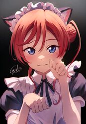  1girl absurdres alternate_costume animal_ears apron black_background black_dress black_ribbon black_shirt blue_eyes blush cat_ears commentary commentary_request dress embarrassed enmaided fake_animal_ears film_grain hair_between_eyes hair_bun happy_birthday highres long_hair looking_at_viewer love_live! love_live!_superstar!! maid maid_headdress neck_ribbon paw_pose puffy_short_sleeves puffy_sleeves redhead ribbon shirt short_sleeves side_up_bun signature single_side_bun smile solo upper_body white_apron yatoroku yoneme_mei 