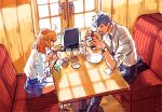  1boy 1girl ahoge alternate_costume belt black_belt blue_necktie blue_pants blue_skirt booth_seating burger closed_mouth collared_shirt condiment_packet cup drinking_glass drinking_straw eating elbow_rest elbows_on_table fate/grand_order fate_(series) food food_wrapper fujimaru_ritsuka_(female) grey_hair hair_between_eyes hair_down highres holding holding_drinking_straw holding_food indoors looking_at_another looking_at_food medium_hair necktie open_mouth orange_hair pants plate pleated_skirt restaurant saitou_hajime_(fate) shirt short_hair sitting skirt sleeves_past_elbows sleeves_pushed_up sunlight teeth uni_(nico02) watch watch white_shirt window yellow_eyes 