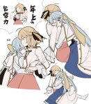  2girls anisphia_wynn_palettia battery_indicator black_ribbon blonde_hair blue_hair blue_skirt blush blush_stickers closed_eyes closed_mouth coat commentary_request euphyllia_magenta hair_ribbon hand_on_another&#039;s_back head_on_another&#039;s_shoulder head_on_chest highres hug jacket lelioz long_hair long_sleeves looking_at_another low_battery_notification medium_hair multiple_girls pink_skirt ribbon shirt_tucked_in simple_background skirt smile smug socks tensei_oujo_to_tensai_reijou_no_mahou_kakumei translation_request white_background white_coat white_jacket white_socks yellow_ribbon yuri 