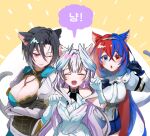  3girls alear_(female)_(fire_emblem) alear_(fire_emblem) animal_ears black_choker blue_eyes blue_hair braid cat_ears cat_tail choker crossed_bangs crown_braid f_e_13 fake_animal_ears fake_tail feather_dress feather_hair_ornament feathers fire_emblem fire_emblem_engage hair_ornament heterochromia highres long_hair multicolored_hair multiple_girls nel_(fire_emblem) red_eyes redhead siblings sisters split-color_hair tail tiara two-tone_hair very_long_hair veyle_(fire_emblem) wavy_hair wing_hair_ornament 