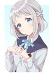  1girl blue_eyes blush border character_request dan_(orange_train) gakuen_idolmaster gradient_background grey_hair head_tilt interlocked_fingers long_sleeves looking_at_viewer neck_ribbon own_hands_together ribbon school_uniform short_hair simple_background solo upper_body white_border 