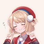  1girl ahoge beret black_jacket blonde_hair blue_ribbon braid closed_eyes collared_shirt hair_ornament hands_up hat highres indie_virtual_youtuber jacket light_blush neck_ribbon nowoka pointing pointing_at_self pom_pom_(clothes) pom_pom_hair_ornament red_headwear red_sailor_collar ribbon sailor_collar shigure_ui_(vtuber) shigure_ui_(vtuber)_(1st_costume) shirt short_hair sidelocks simple_background single_braid single_hair_ring sleeve_cuffs smile sweat translation_request v-shaped_eyebrows virtual_youtuber white_shirt 