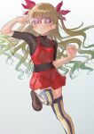  1girl adjusting_eyewear bow brown_footwear brown_hair glasses gradient_hair hair_bow hand_on_eyewear highres long_hair miniskirt multicolored_hair ohdo_yuamu pleated_skirt red_bow red_skirt red_vest skirt smirk thigh-highs vest yu-gi-oh! yu-gi-oh!_go_rush!! yuzutaroman 