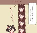  5girls ahoge animal_ears black_hair blush brown_background brown_hair chibi duramente_(umamusume) gomashio_(goma_feet) hair_between_eyes horse_ears jacket jitome kitasan_black_(umamusume) long_hair multicolored_hair multiple_girls multiple_persona red_jacket simple_background star_(symbol) streaked_hair track_jacket translation_request two_side_up umamusume very_long_hair violet_eyes white_hair |_| 