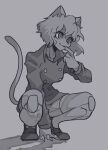  1girl animal_ears bone_nig breasts buttons finger_to_mouth fingernails full_body grey_background highres hunter_x_hunter medium_hair monochrome neferpitou shadow sharp_fingernails squatting tail 