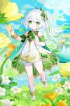  1girl :o artist_name bloomers blue_sky blurry blurry_background blurry_foreground blush bracelet cape clouds commentary cross-shaped_pupils day depth_of_field detached_sleeves dress eyelashes floating_hair flower genshin_impact gold_trim grass green_cape green_dress green_eyes green_hair green_sleeves hair_between_eyes hair_intakes hair_ornament hand_up highres jewelry leaf_hair_ornament light_particles long_hair looking_at_viewer multicolored_hair nahida_(genshin_impact) open_mouth orange_flower outdoors oversized_flower parted_lips plant pointy_ears ponytail short_sleeves side_ponytail sidelocks signature sky sleeveless sleeveless_dress solo sparkle streaked_hair symbol-only_commentary symbol-shaped_pupils toes tree twitter_username water white_bloomers white_dress white_flower white_hair yellow_flower yutukicom 
