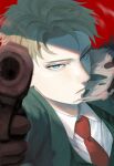  1boy aiming blonde_hair blue_eyes collared_shirt ctu810 finger_on_trigger formal gloves green_jacket green_suit gun handgun highres holding holding_gun holding_weapon jacket long_sleeves necktie red_tie shirt short_hair spy_x_family suit suit_jacket twilight_(spy_x_family) weapon white_shirt 