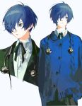  1boy antenna_hair black_skirt blue_eyes blue_hair blue_jacket buttons closed_mouth collared_jacket collared_shirt english_commentary gekkoukan_high_school_uniform green_jacket green_ribbon hair_between_eyes headphones headphones_around_neck highres jacket long_sleeves looking_to_the_side male_focus miyu_(shiyemiyu) neck_ribbon open_clothes open_jacket open_mouth persona persona_3 ribbon school_uniform shirt short_hair simple_background skirt solo standing white_background white_shirt yuuki_makoto_(persona_3) 