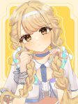  1girl absurdres blonde_hair blush braid capelet center_frills commentary_request crop_top frills fujita_kotone gakuen_idolmaster hair_ribbon head_tilt headband highres holding holding_hair long_hair looking_at_viewer ribbon scrunchie solo twin_braids upper_body very_long_hair white_capelet white_headband wrist_scrunchie yellow_eyes yoshumi_(pdtv4787) 