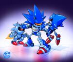  assault_visor english_commentary fighting fire humanoid_robot lifting_person looking_down mecha_sonic_mki mecha_sonic_mkii metal_sonic no_humans one-eyed red_eyes robot shadow sonic_(series) sonic_cd sonic_the_hedgehog_(classic) sonic_the_hedgehog_2 spikes the_congressman 