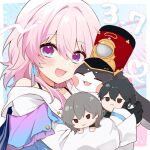  1girl archery_shooting_glove black_gloves blue_eyes blue_jacket blush character_doll commentary_request dan_heng_(honkai:_star_rail) doll gloves gradient_jacket hair_between_eyes hair_intakes holding holding_doll honkai:_star_rail honkai_(series) jacket long_sleeves march_7th_(honkai:_star_rail) medium_hair nogi_toa_(sorajio) open_mouth partially_fingerless_gloves pink_eyes pink_hair pink_jacket pom-pom_(honkai:_star_rail) shirt single_glove smile stelle_(honkai:_star_rail) trailblazer_(honkai:_star_rail) two-tone_eyes upper_body white_shirt 