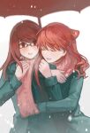  2girls :o bow breath closed_eyes coat glasses green_coat hair_bow holding holding_umbrella hug hug_from_behind long_hair long_sleeves looking_at_another mole mole_under_eye multiple_girls open_mouth persona persona_5 persona_5_the_royal pink_scarf ponytail rectangular_eyewear red_bow red_eyes redhead scarf siblings simple_background sisters smile snowing teeth u_u umbrella upper_body upper_teeth_only user_onekestrel white_background yoshizawa_kasumi&#039;s_sister yoshizawa_sumire 