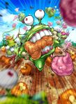  blue_sky clouds day digimon digimon_(creature) eating flower food highres meat no_humans numemon oden_(odenzzi) open_mouth outdoors palmon petals sharp_teeth sky teeth tongue tongue_out vegimon 