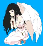  1girl angel_wings bare_shoulders barefoot black_hair blue_background blush bonbas24 chitanda_eru commentary dress feathered_wings full_body hyouka interlocked_fingers long_hair looking_at_viewer own_hands_together parted_lips rope sidelocks simple_background sleeveless sleeveless_dress solo squatting violet_eyes white_dress white_wings wings 