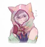  1boy animal_hood bags_under_eyes bare_shoulders cat_hood chiimako detached_sleeves fingerless_gloves gloves gnosia grey_eyes grey_hair hair_between_eyes hood hoodie looking_at_viewer male_focus open_mouth remnan_(gnosia) short_hair speech_bubble translation_request violet_eyes 