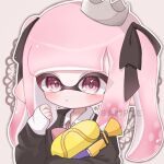  1girl closed_mouth commentary commission crown grey_background gun highres holding holding_gun holding_weapon inkling inkling_girl inkling_player_character long_hair looking_at_viewer pink_eyes pink_hair pointy_ears sample_watermark sh_f0y simple_background solo splatoon_(series) splatoon_3 splattershot_(splatoon) tentacle_hair upper_body watermark weapon 