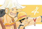  2boys afro black_eyes black_hair black_shirt child eyelashes facial_hair goatee goggles goggles_around_neck hanakotoba28 hat headphones highres holding long_nose looking_ahead male_focus monkey_d._luffy multiple_boys one_eye_closed one_piece orange_background overalls profile shirt short_hair sleeveless sleeveless_shirt smile straw_hat usopp 