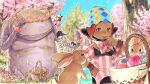  2girls :d animal_ears basket black_skirt bow bowtie cat_ears cherry_blossoms closed_mouth dark-skinned_female dark_skin day easter_egg egg final_fantasy final_fantasy_xiv flower_wreath goobbue_(final_fantasy) grey_thighhighs highres jewelry jihli_aliapoh lalafell miniskirt miqo&#039;te monster multiple_girls nonotta_(ff14) outdoors pink_bow pink_bowtie pointy_ears rabbit red_eyes ring skirt smile striped_clothes striped_thighhighs suspenders thigh-highs tree wristband 