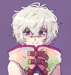  1boy bags_under_eyes bare_shoulders chiimako detached_sleeves fingerless_gloves gloves gnosia grey_eyes grey_hair hair_between_eyes hood hoodie looking_at_viewer male_focus open_mouth purple_background remnan_(gnosia) short_hair simple_background violet_eyes 