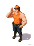  1boy absurdres bare_arms belt cliosow construction_worker covered_nipples facial_hair hammer hand_up hard_hat helmet highres holding holding_hammer large_pectorals long_sideburns looking_at_viewer male_focus mature_male muscular muscular_male orange_tank_top original pants pectoral_cleavage pectorals short_hair sideburns sideburns_stubble sidepec solo standing stubble tank_top thick_eyebrows 