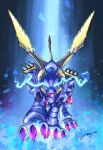  all_fours carloromeroart claws cyborg digimon digimon_(creature) digimon_adventure:_(2020) energy_wings glowing glowing_eyes highres mechanical_tail mechanical_wings metalgarurumon no_humans signature spikes tail wings wolf 