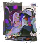  2girls armor baseball_cap black_shirt blue_hair bra_strap bracelet cephalopod_eyes closed_eyes closed_mouth colored_skin copyright_name dedf1sh dj dual_persona gradient_hair green_skin hand_on_headphones hat headphones headphones_over_headwear highres jewelry long_hair multicolored_hair multiple_girls octoling red-tinted_eyewear redhead sad sanitized_(splatoon) shirt splatoon_(series) splatoon_3 splatoon_3:_side_order tentacle_hair tinted_eyewear turntable two-tone_hair yakiyori_0001 yellow_eyes 