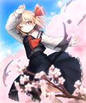  1girl ascot black_skirt black_vest blonde_hair blue_sky branch cherry_blossoms closed_mouth commentary_request day falling_petals flower hair_ribbon highres long_sleeves medium_hair one_eye_closed petals pink_flower pink_petals red_ascot red_eyes ribbon rumia skirt skirt_set sky smile solo spark621 touhou vest 