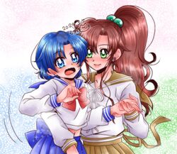  2girls bishoujo_senshi_sailor_moon blue_eyes blue_hair blue_sailor_collar blue_skirt brown_hair brown_sailor_collar earrings flower_earrings green_eyes green_sailor_collar hair_bobbles hair_ornament highres jewelry juuban_middle_school_uniform kino_makoto kino_makoto&#039;s_school_uniform medium_skirt mizuno_ami multiple_girls ponytail sailor_collar school_uniform short_hair sidelocks skirt stud_earrings supernova24_24 