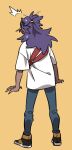  1boy ^^^ alternate_costume black_footwear commentary_request dark-skinned_male dark_skin full_body grey_pants highres korean_commentary leon_(pokemon) long_hair male_focus pants pokemon pokemon_swsh purple_hair redlhzz shirt shoes short_sleeves simple_background solo standing sweat white_shirt yellow_background 