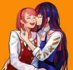  2girls alear_(female)_(fire_emblem) alear_(fire_emblem) blue_hair braid closed_eyes commentary commission crown_braid english_commentary fire_emblem fire_emblem_engage highres kiss kissing_cheek lapis_(fire_emblem) long_hair long_sleeves multicolored_hair multiple_girls open_mouth pink_hair profile redhead sethkiel short_hair simple_background smile swept_bangs teeth two-tone_hair upper_teeth_only yellow_background yuri 