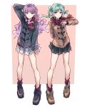  2girls :o aqua_hair arm_at_side arm_behind_back arm_behind_head black_footwear black_skirt blunt_bangs border braid brown_footwear brown_jacket closed_mouth full_body furukawa_wanosuke green_eyes grey_jacket highres jacket light_smile long_hair long_sleeves looking_at_viewer love_live! love_live!_superstar!! multiple_girls onitsuka_tomari outside_border parted_lips pink_background purple_hair red_eyes red_scarf red_socks scarf skirt socks twin_braids twintails wavy_hair white_border white_skirt wien_margarete winter_clothes 