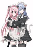  2girls :d :o animal_ear_fluff animal_ears apron black_dress black_gloves black_necktie black_ribbon black_thighhighs blue_eyes blue_hair blush cat_ears cat_tail chihuri commentary_request dress earrings ende_(chihuri) fake_animal_ears frilled_apron frilled_dress frills garter_straps gloves hair_between_eyes hair_intakes hair_ribbon hand_on_another&#039;s_shoulder highres jewelry juliet_sleeves long_hair long_sleeves maid maid_headdress multiple_girls nea_(chihuri) necktie original parted_lips pink_hair puffy_short_sleeves puffy_sleeves ribbon short_sleeves simple_background smile stud_earrings tail thigh-highs two_side_up very_long_hair violet_eyes white_apron white_background 