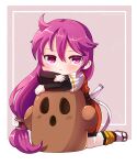  1girl absurdres blush closed_mouth commentary dungeon_toaster full_body grey_background haniwa_(statue) highres kentou_kanami kneeling long_hair long_sleeves purple_hair rance_(series) sandals solo symbol-only_commentary violet_eyes 
