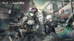  2girls arknights bag doc_(rainbow_six_siege) earphones ela_(rainbow_six_siege) fuze_(rainbow_six_siege) goggles goggles_on_head green_eyes green_hair grey_hair gun highres holding holding_gun holding_weapon iana_(rainbow_six) mole mole_under_eye multiple_girls official_art rainbow_six_siege shotgun stairs ubisoft violet_eyes weapon 