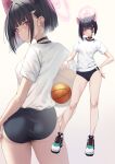  1girl animal_ears ball basketball basketball_(object) black_buruma black_hair blue_archive buruma cat_ears colored_inner_hair commentary_request fukai_ryosuke full_body gym_uniform hair_ornament hairpin halo highres kazusa_(blue_archive) legs multicolored_hair partial_commentary shoes sneakers 