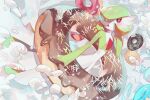  1other blush chikichi chocolate_icing colored_skin doughnut dress food gardevoir gardevoir_day green_hair green_skin highres icing medium_hair oversized_food oversized_object pokemon pokemon_(creature) red_eyes solo white_dress white_skin 