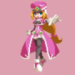  1girl black_bodysuit blonde_hair blue_eyes bodysuit bodysuit_under_clothes cleavage_cutout clothing_cutout coat gloves hat highres long_hair mega_man_(series) mega_man_zx pink_background pink_coat pink_headwear pixel_art prairie_(mega_man) sesuji07 shako_cap simple_background solo white_gloves 