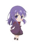  1girl black_dress blush boots brown_footwear chibi closed_mouth coat commentary_request dress fate/kaleid_liner_prisma_illya fate_(series) full_body hand_on_own_chest holding light_smile long_hair long_sleeves looking_at_viewer matou_sakura official_art purple_coat purple_hair red_scarf scarf shoes simple_background solo standing thighs violet_eyes white_background 